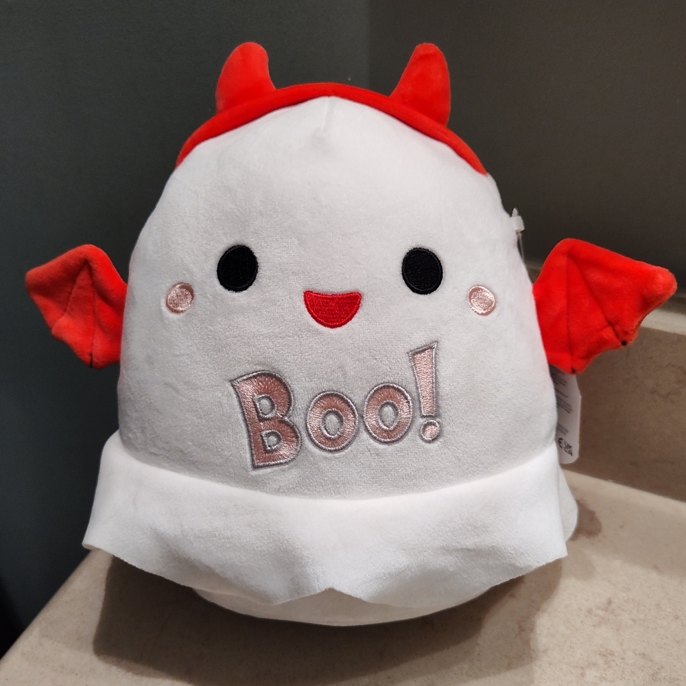 Squishmallows Melfy Cute Ghost Plush with Red Accents, 8 Inch
